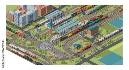 Busy train station with multiple tracks and trains.