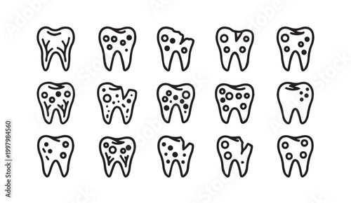Various stages of dental decay illustrated with a clean line art style