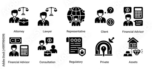 Legal and advisory icon set with professional icons for lawyer,client,consultation,regulatory,and financial advisory services.Ideal for corporate and legal business use.