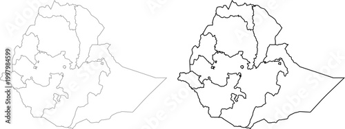 Black and White Outlined Administrative Map of Ethiopia with Regional Boundaries