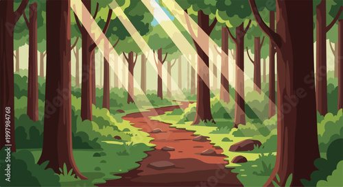 A serene forest path with sunbeams