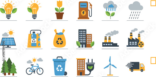 Comprehensive Flat Design Ecology Icon Set Featuring Renewable Energy, Green Living, Sustainable Transportation, Waste Management, and Environmental Conservation