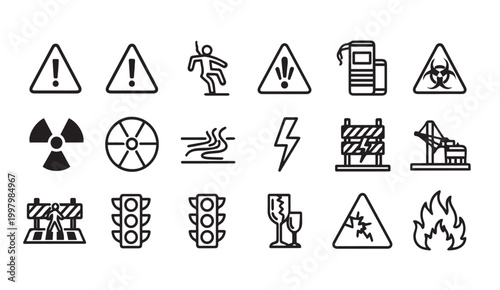 Warning symbols and safety icons collection against white background