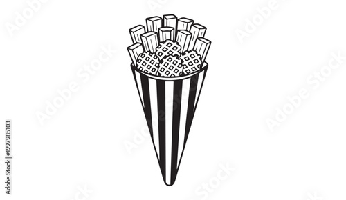 Waffle fries and chocolate sticks in a striped cone during a casual outdoor event
