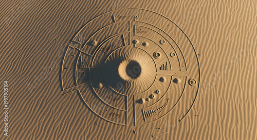 Intricate sand art with business concept and financial data charts, representing growth, strategy, and innovation in a unique desert landscape