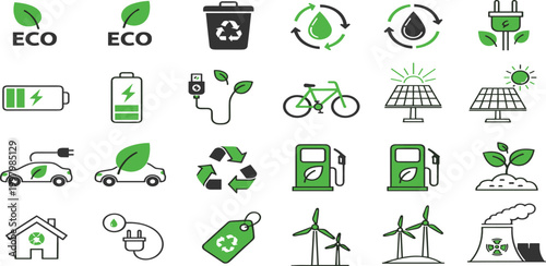 Eco Friendly Line Icon Set Featuring Green Energy, Sustainable Transportation, Recycling, Solar Power, and Environmental Conservation Symbols for Modern Web and Mobile Application Designs