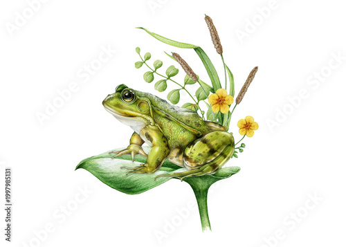 Frog clipart watercolor illustration on leaf with meadow plants and flowers, hand drawn amphibian composition, detailed nature scene isolated on transparent background
