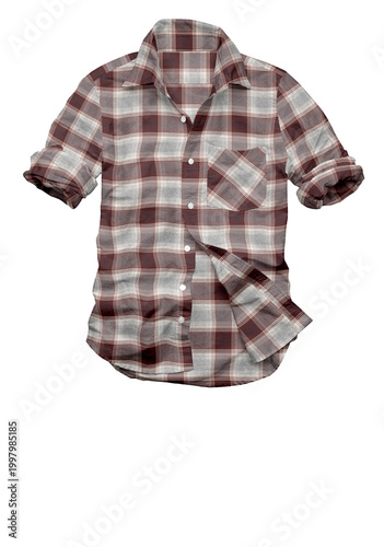 Casual checkered plaid shirt garment with long sleeves isolated on white background, featuring a stylish cotton textile pattern and classic apparel fashion design for everyday wear