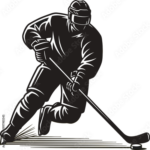 Photography Black and white illustration of a hockey player in action