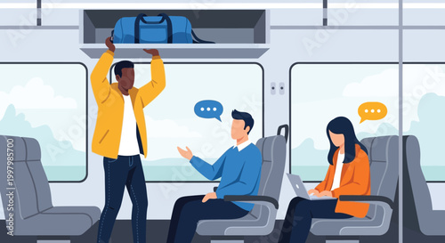 A man in a yellow jacket reaches for a blue duffel bag on a train while passengers converse