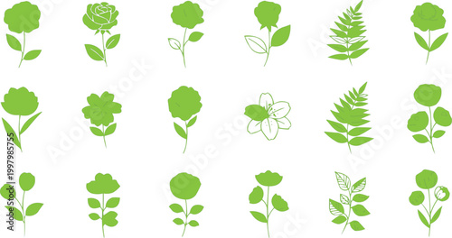 Leaves and blossoms are arranged as a series of green silhouette icons for a nature-themed design project.