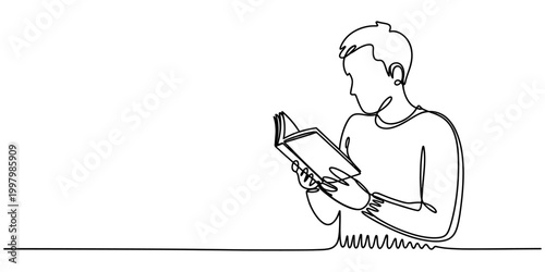 Young man reading a book continuous line drawing