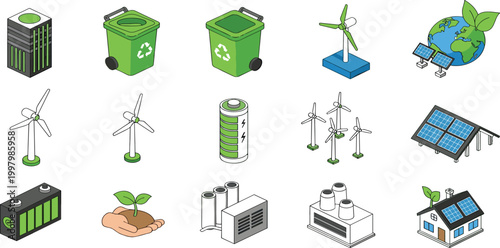 Isometric Green Energy and Waste Management Icon Set Featuring Solar Panels, Wind Turbines, Recycling Bins, Sustainable Factories, and Energy Storage Systems for Eco-Friendly Industrial Designs