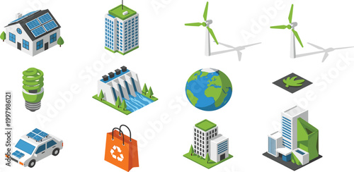 Isometric Green Energy Icon Set with Solar Powered House, Wind Turbines, Hydroelectric Dam, Electric Car, and Sustainable Urban Buildings for Environmental Technology Illustrations