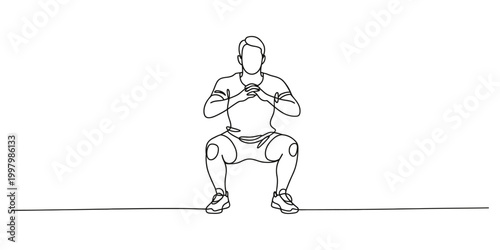 Man doing a squat exercise in a continuous single line drawing style