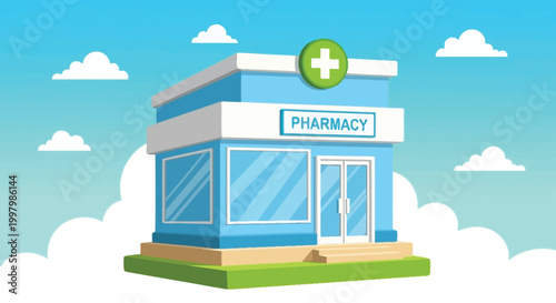 A brightly colored cartoon illustration depicts a modern pharmacy building with a green cross symbol
