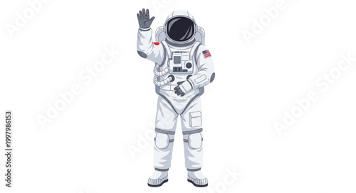 Astronaut waving hello in a white spacesuit with a black helmet.