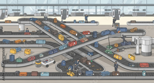 Automated Warehouse Conveyor System with Boxes and Vehicles.