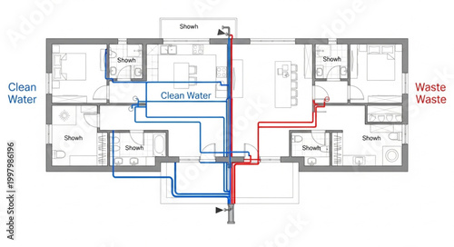 Bild auf Leinwand Architectural Floor Plan with Plumbing System Diagram.