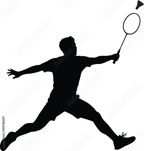Black silhouette of a male badminton player jumping to hit shuttlecock