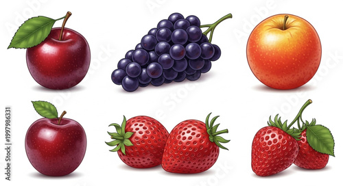 Assortment of Fresh Fruits Including Apples Grapes Strawberries and Plums.