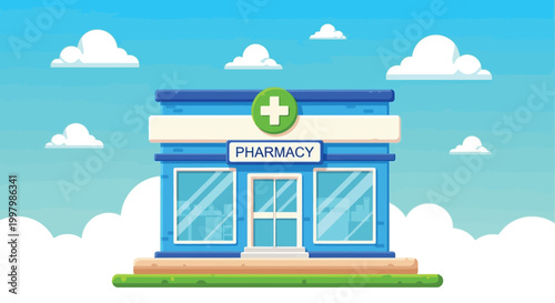 A colorful cartoon illustration depicts a pharmacy building with a green cross on a blue background