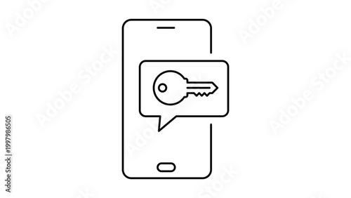 Two-Factor Authentication 2FA Mobile Security Concept Featuring Smartphone and Key in Speech Bubble. Minimalist Black Line Vector Icon Illustration with Editable Stroke on White Background.