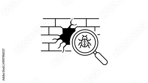Vulnerability Scan Vector Icon with Editable Stroke. A minimalist black line illustration of a magnifying glass inspecting a bug in a cracked brick wall, representing software security audits.