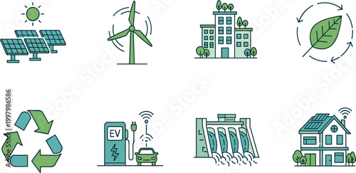 Modern Line Art Ecology Icon Set Featuring Renewable Solar Energy, Wind Turbines, Green Office Buildings, Electric Vehicle Charging, Hydroelectric 