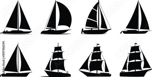 Black ship boat sail yacht sea icon set vector art