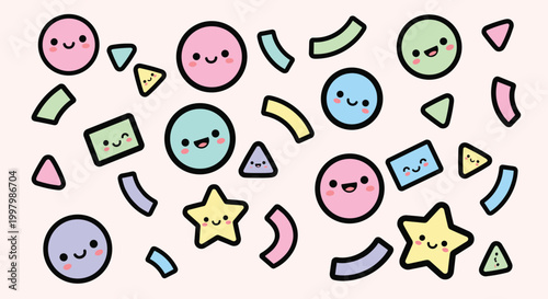 A cheerful composition of cartoon shapes with smiling faces on a soft background, conveying a sense of happiness and playfulness.