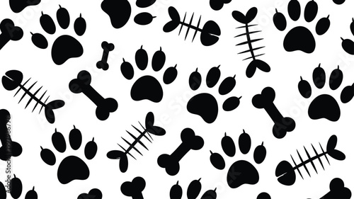 Cute pet dog paw print cat fish bone art pattern