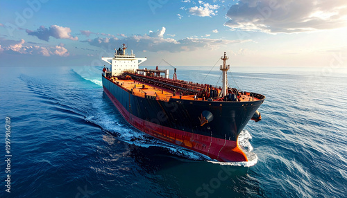 Large oil container ship at sea with visible pipelines and storage tanks background
