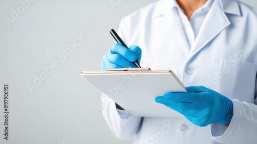 The Clinical Scribbler: A medical professional in sterile gloves meticulously documents observations on a clipboard, the scene hinting at scientific precision and focused work.