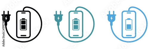 Mobile phone battery charging icon, colorful power status symbols, energy level indicators, flat glyph outline styles, smartphone interface vector