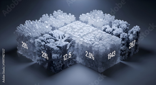 Abstract crystal formations with percentage and number data, perfect for scientific visualizations, data analysis, and presentations, offering a modern, elegant design