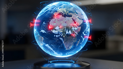 Digital Holographic Globe Showing Global Security Hotspots