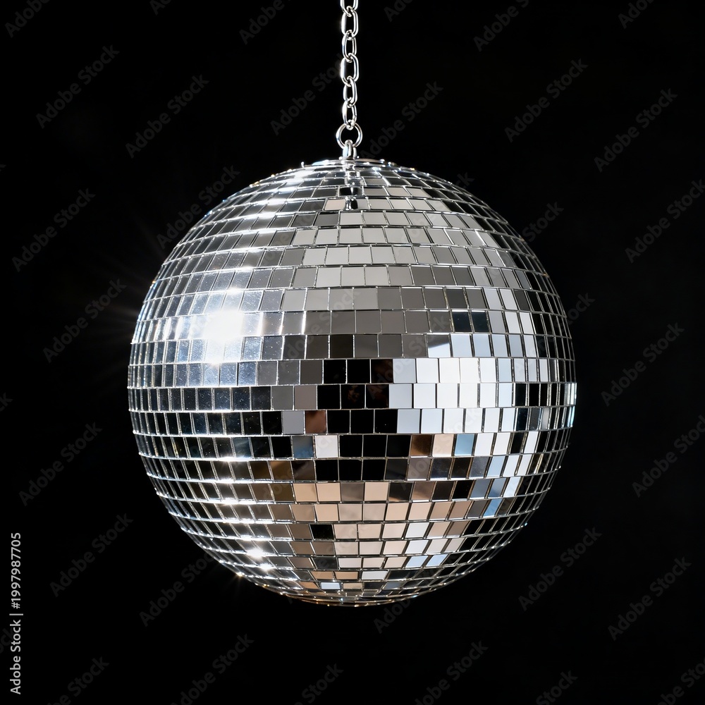 Fototapeta premium Shiny Silver Disco Ball Hanging on Black Background