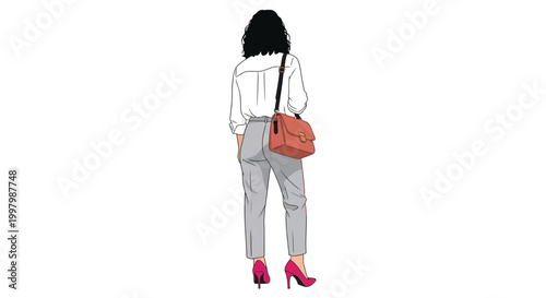 A digital illustration depicts a woman from behind wearing formal attire and carrying a satchel