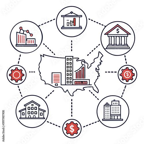 vector illustration of economic concepts with buildings charts and dollar signs in circular arrangement high quality professional detailed modern elegant stylish clean crisp vibrant colorful digital