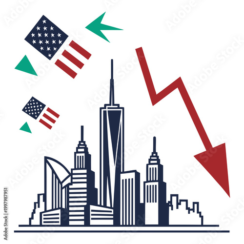 vector illustration of a city skyline with economic indicator arrows and american flags high quality professional detailed modern elegant stylish clean crisp vibrant colorful digital creative