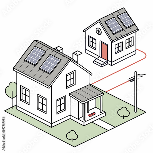 vector illustration of houses with solar panels and electrical transmission lines on a green lawn high quality professional detailed modern elegant stylish clean crisp vibrant colorful