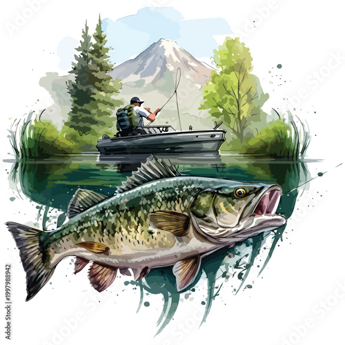 Fishing man in a boat catching big fish