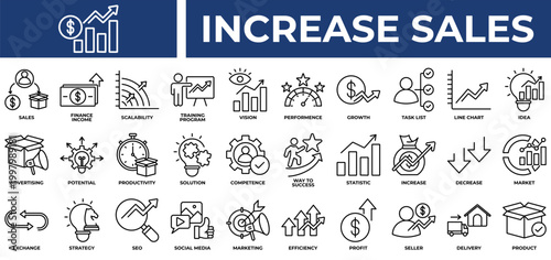 Increase Sales icon set collection. Containing sales, increase, transfer, profit, seo, performance, task .Line vector icons collection