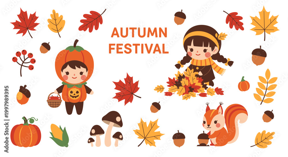 Fototapeta premium Cute Autumn Festival Characters and Elements, Vector Illustration with Copy Space