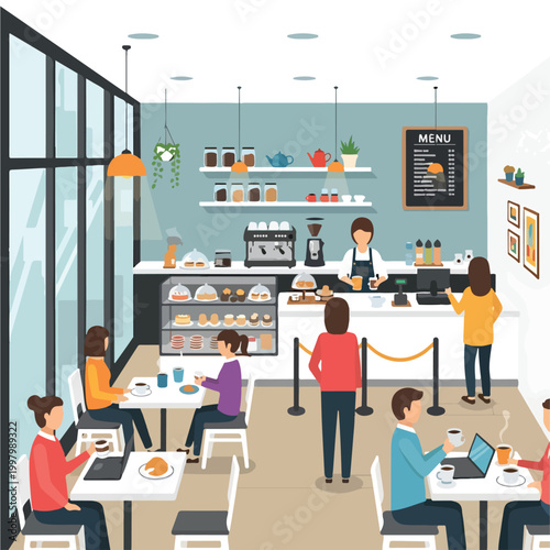 Принти на полотні A bustling café interior with customers and a worker