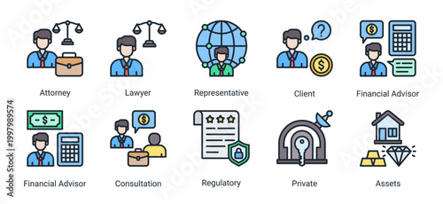 Legal and advisory icon set with professional icons for lawyer,client,consultation,regulatory,and financial advisory services.Ideal for corporate and legal business use.