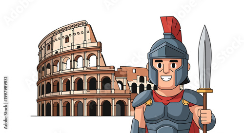 Cartoon Roman Soldier Standing in Front of the Colosseum