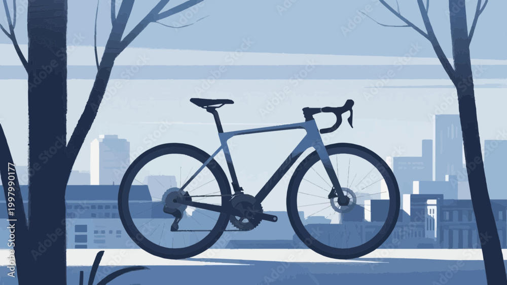Fototapeta premium Cityscape with bicycle on road and isometric buildings flat vector illustration