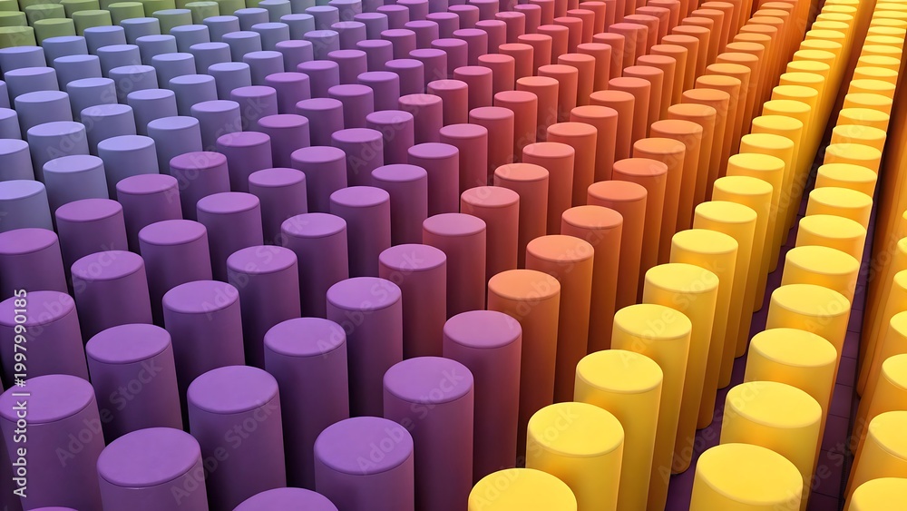 Obraz premium Abstract 3d render of a dense grid of vertical cylinders with a smooth gradient from purple to orange colors